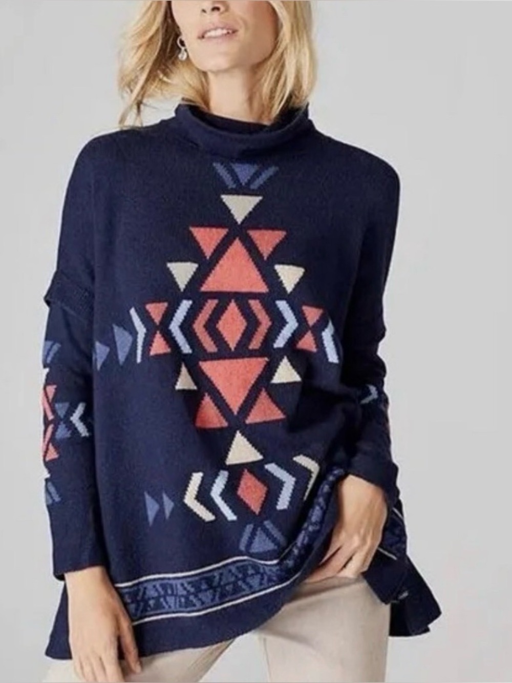 J. Jill Dark Indigo Intarsia Funnel Neck Sweater Boxy Poncho Aztec Southwestern